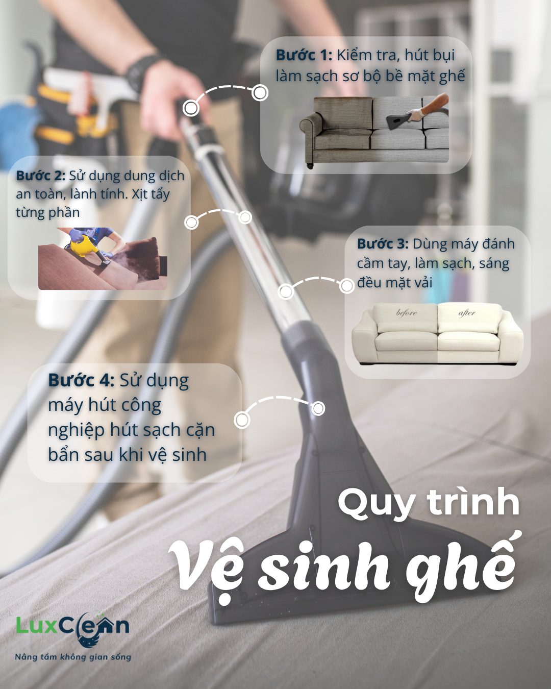 Giặt sofa cao cấp – Vì sao nên chọn dịch vụ giặt sofa đạt chuẩn - uy tín? 4 Các bước vệ sinh sofa của LuxClean